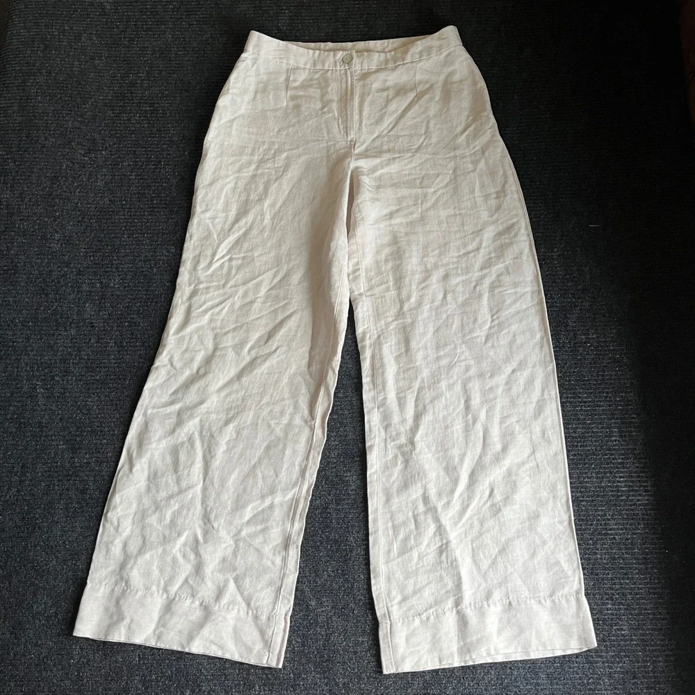 HM Linen Blend Wide Leg Trousers Beige High Waisted Pants Sz 8 lightweight flowy